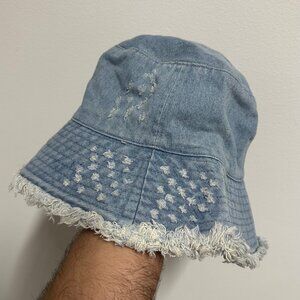 Y2K Denim Bucket Hat Blue Distressed